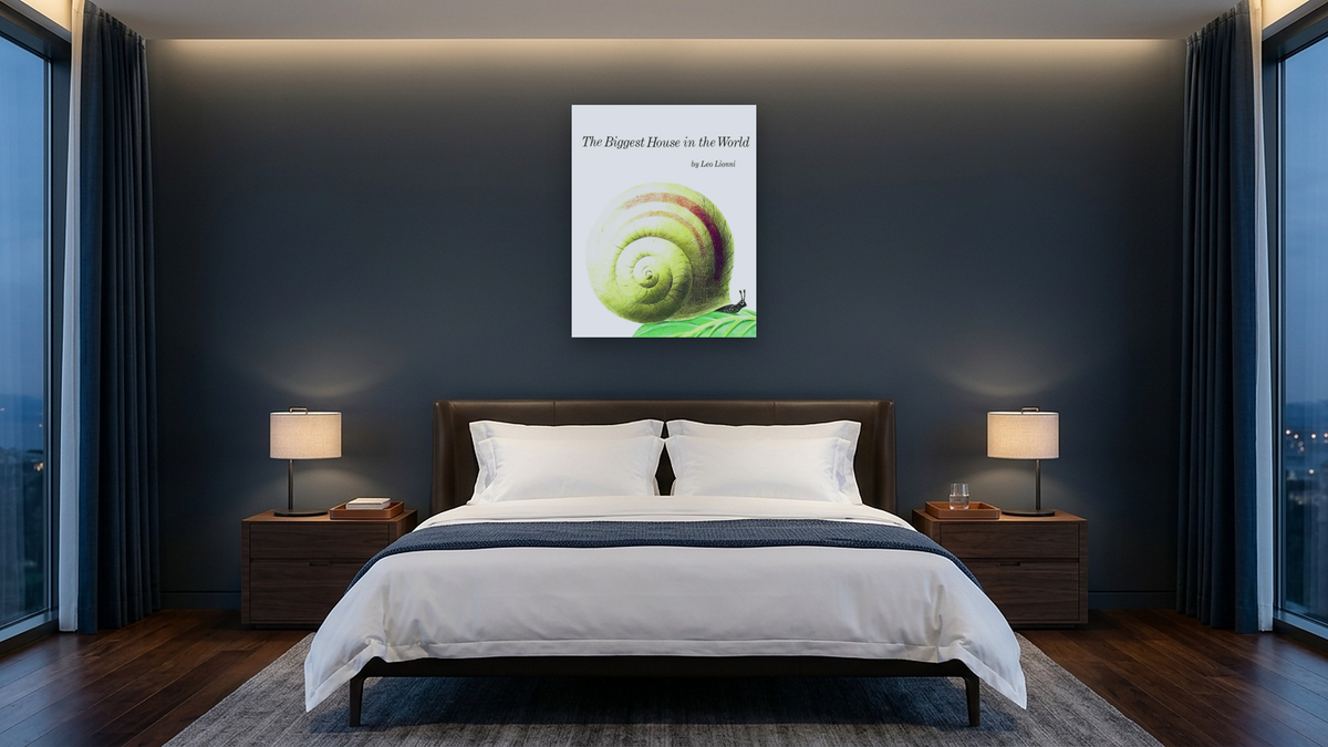 The Biggest House In The World XVIII (Printed Book Cover) by Leo Lionni, shown at 32 × 40 in (81.3 × 101.6 cm) as gallery-wrapped canvas, hotel guest room