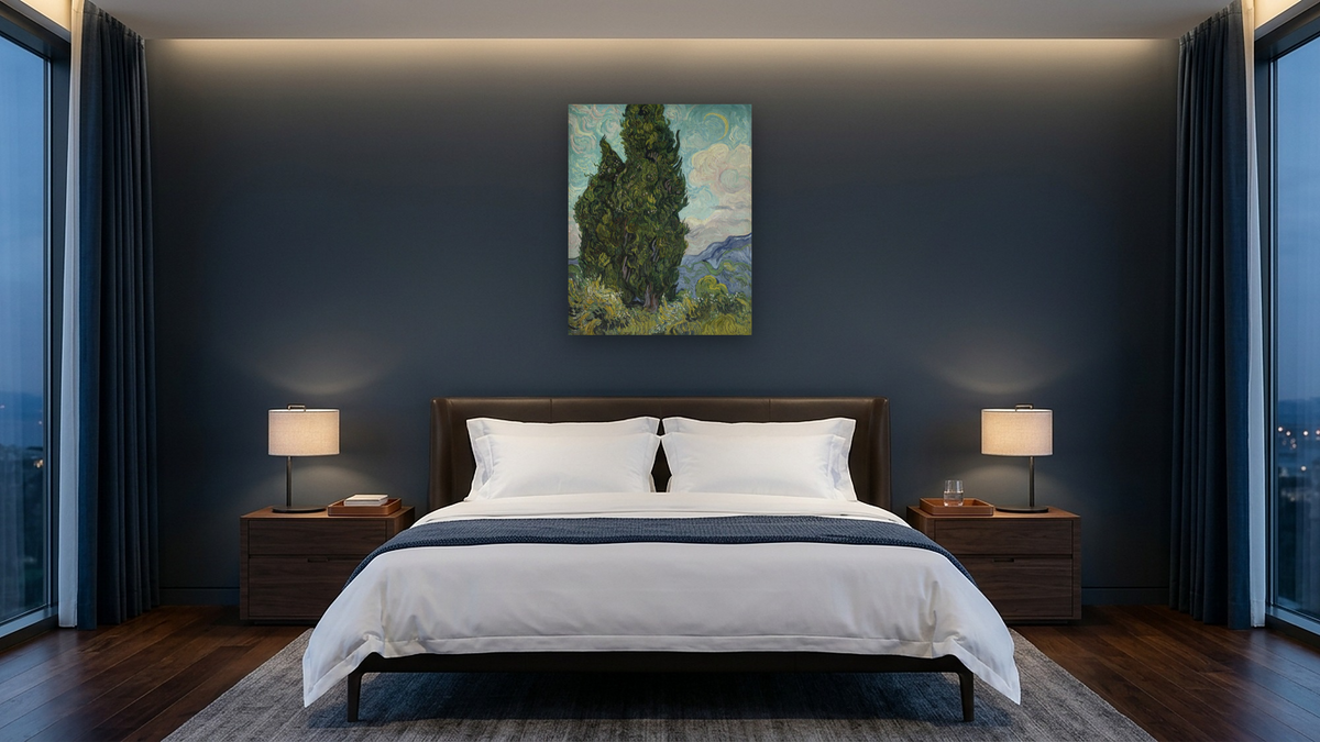 Cypresses by Vincent van Gogh, shown at 32 × 40 in (81.3 × 101.6 cm) as gallery-wrapped canvas, hotel guest room