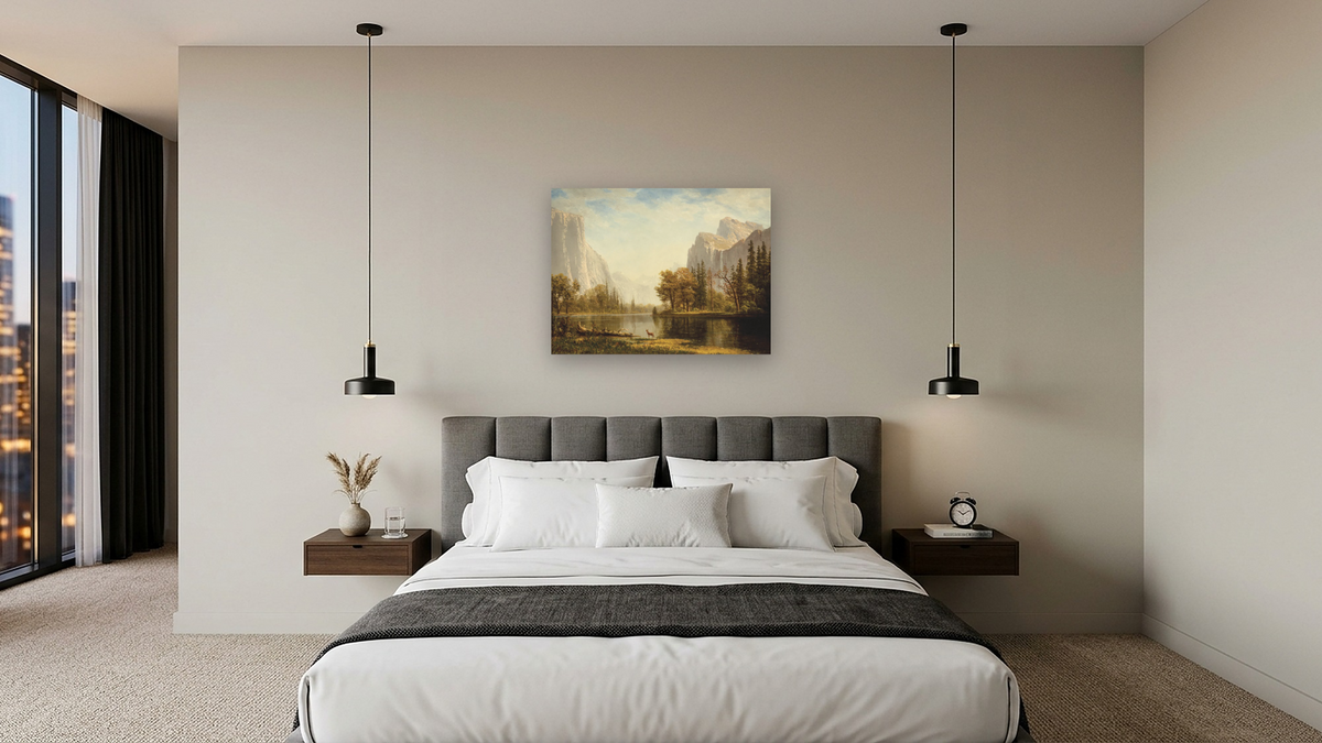 Yosemite Valley by Albert Bierstadt, shown at 30 × 40 in (76.2 × 101.6 cm) as gallery-wrapped canvas, hotel guest room