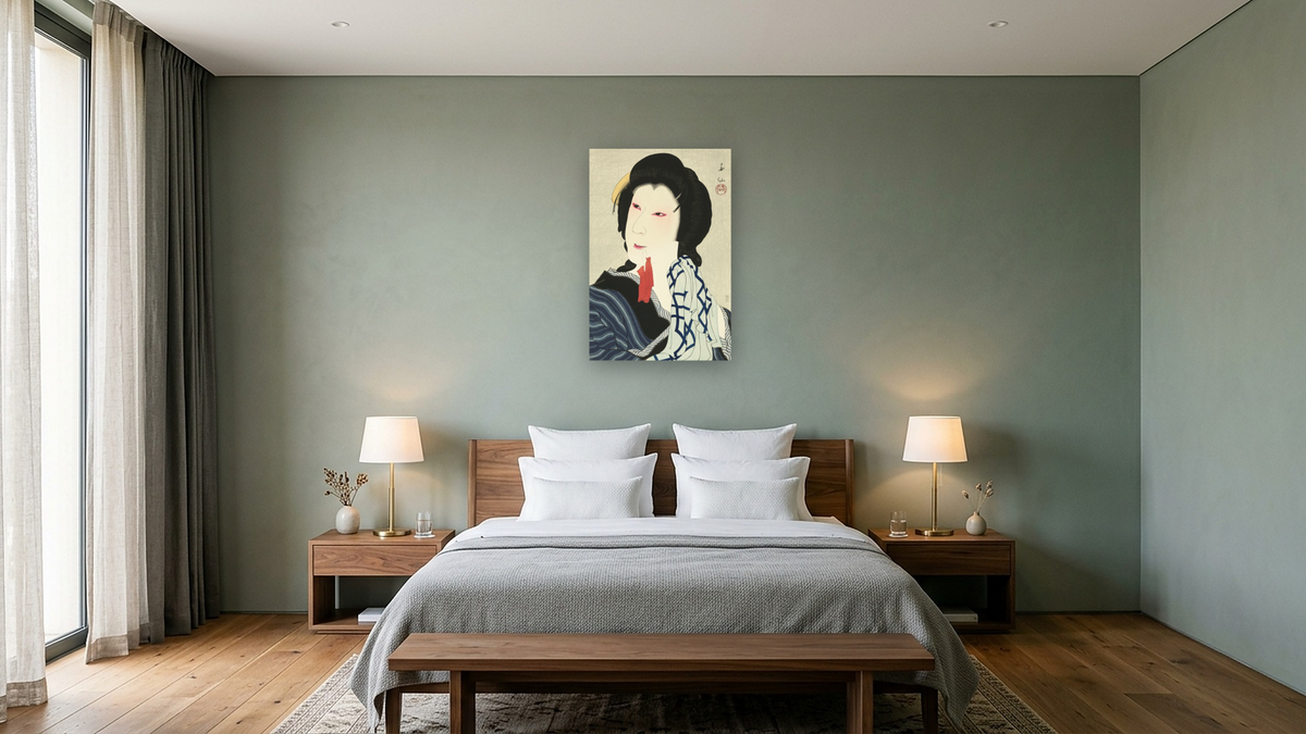 The Actor Ichikawa Kigan as Otomi by Natori Shunsen, shown at 28 × 42 in (71.1 × 106.7 cm) as gallery-wrapped canvas, hotel guest room