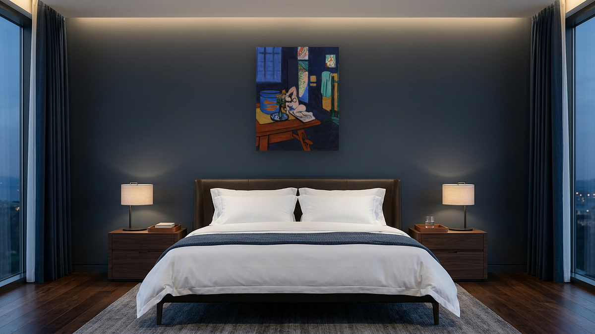 Studio with Goldfish (L'Atelier aux poissons rouges) by Henri Matisse, shown at 32 × 40 in (81.3 × 101.6 cm) as gallery-wrapped canvas, hotel guest room