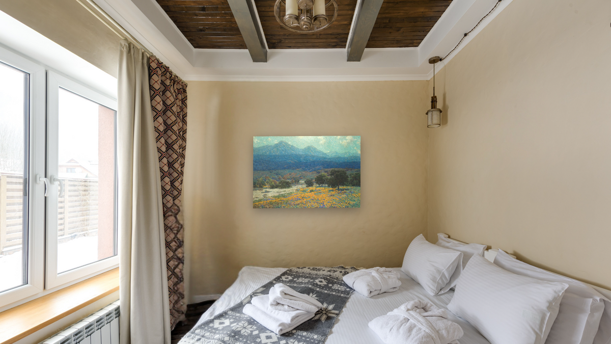 California Poppy Field by Granville Seymour Redmond, shown at 28 × 42 in (71.1 × 106.7 cm) as gallery-wrapped canvas, hotel guest room