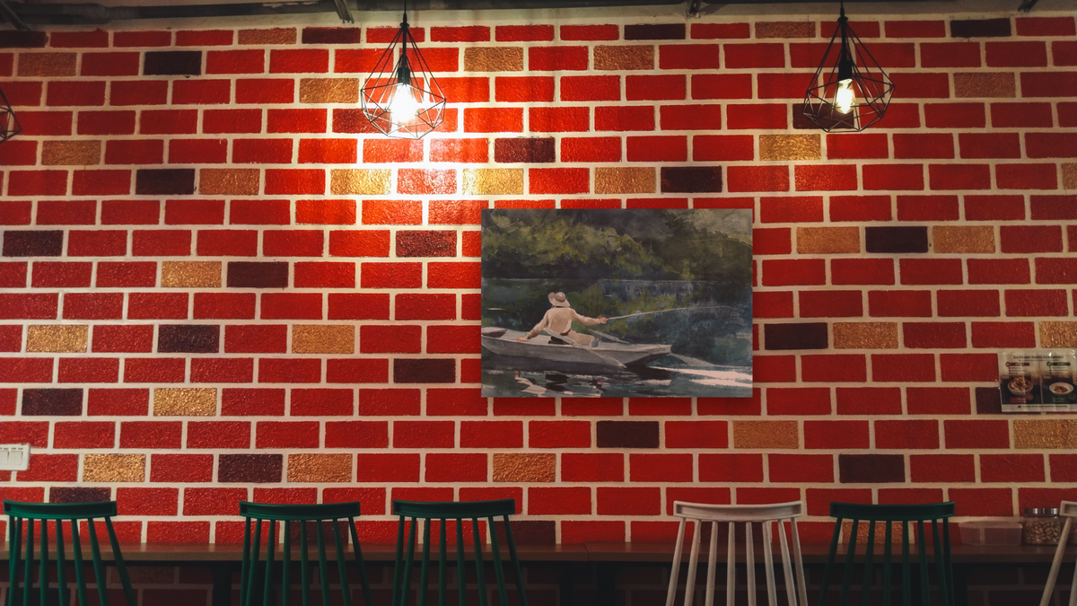 Casting, Number Two by Winslow Homer, shown at 28 × 42 in (71.1 × 106.7 cm) as gallery-wrapped canvas, restaurant