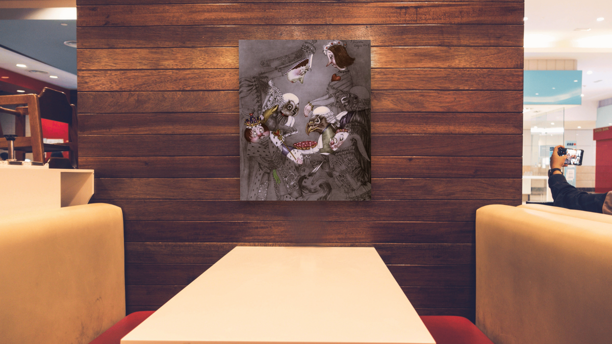 Alice in Wonderland: The Queen of Hearts Accuses, shown at 32 × 40 in (81.3 × 101.6 cm) as gallery-wrapped canvas, restaurant