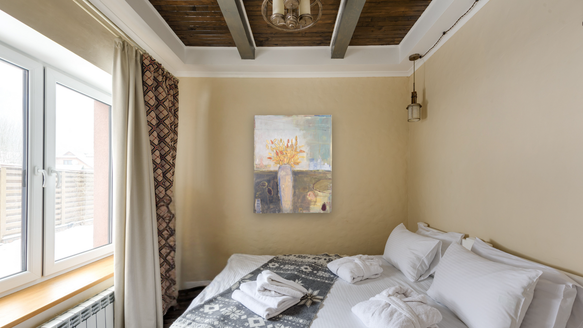 Still Life, Urban Yard by Stephen Dinsmore, shown at 32 × 40 in (81.3 × 101.6 cm) as gallery-wrapped canvas, hotel guest room