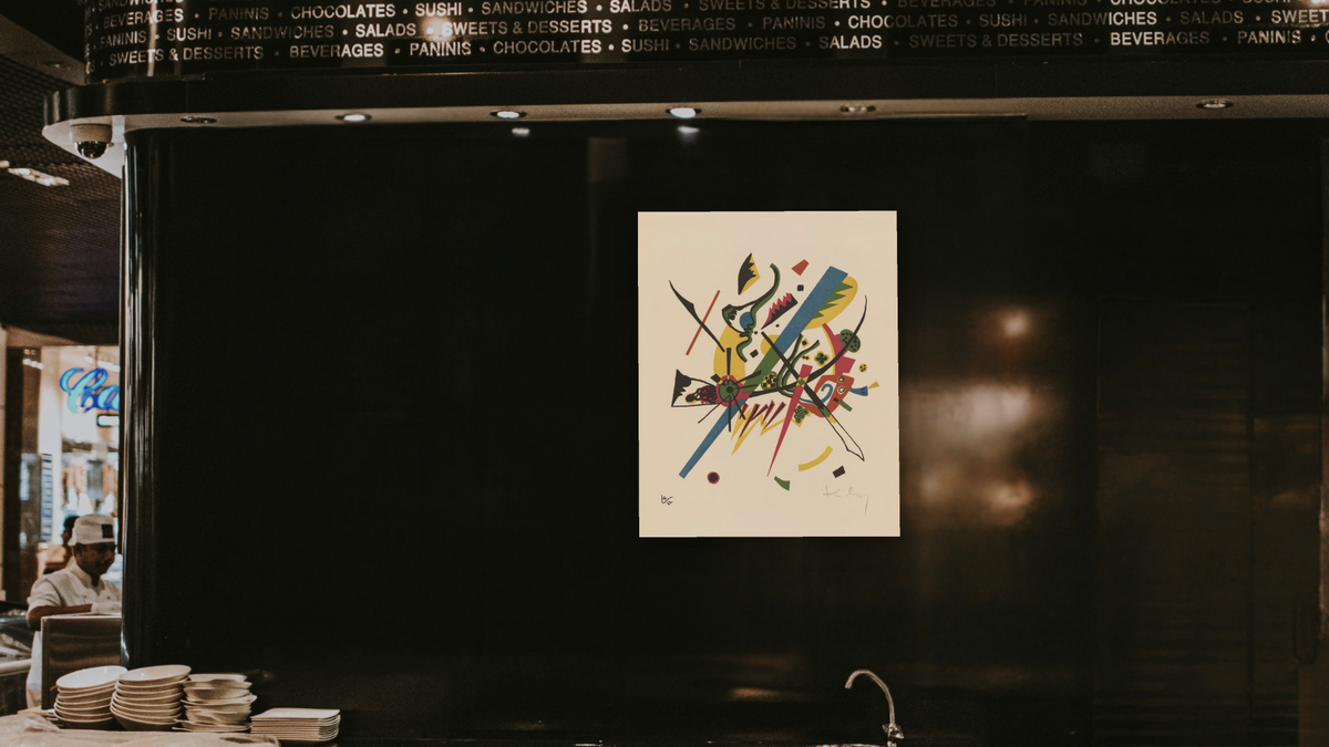 Kleine Welten, I (Small Worlds, I), shown at 32 × 40 in (81.3 × 101.6 cm) as gallery-wrapped canvas, restaurant