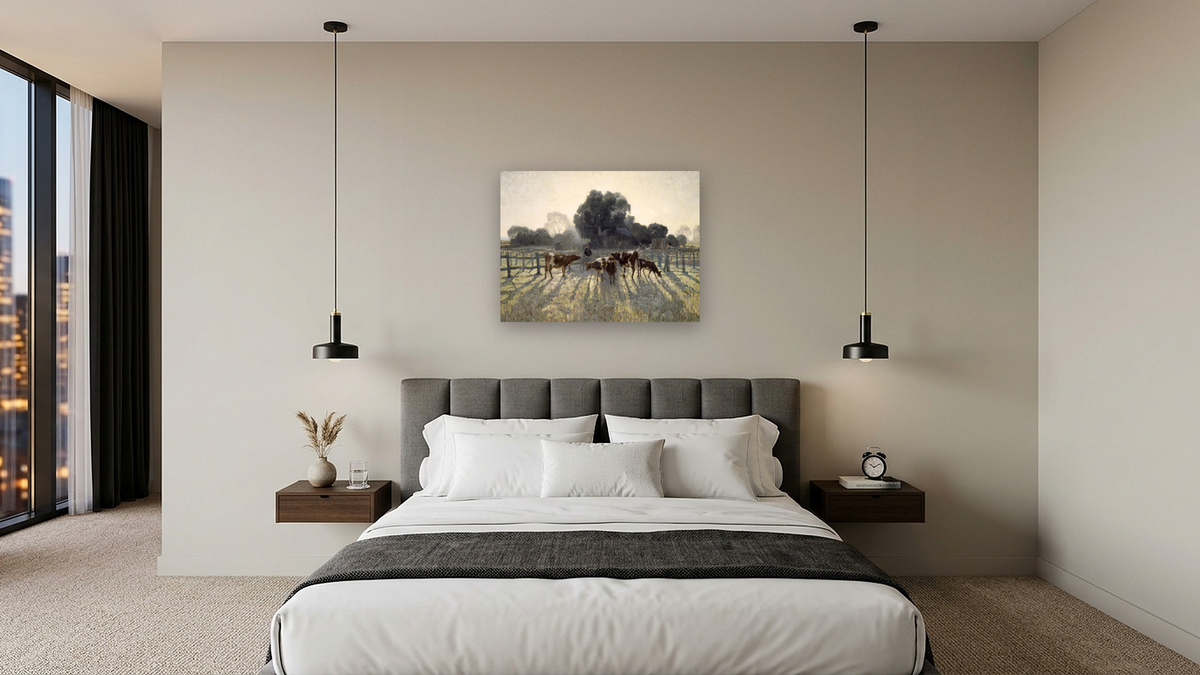 Spring frost by Elioth Gruner, shown at 30 × 40 in (76.2 × 101.6 cm) as gallery-wrapped canvas, hotel guest room