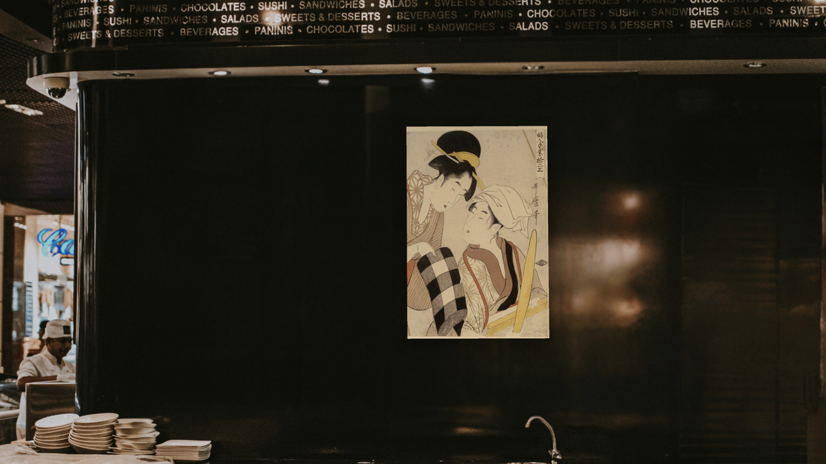 A half-length portrait of two women, one seated at a loom and the other showing a roll of black and white checkered cloth by Kitagawa Utamaro, shown at 28 × 42 in (71.1 × 106.7 cm) as gallery-wrapped canvas, restaurant