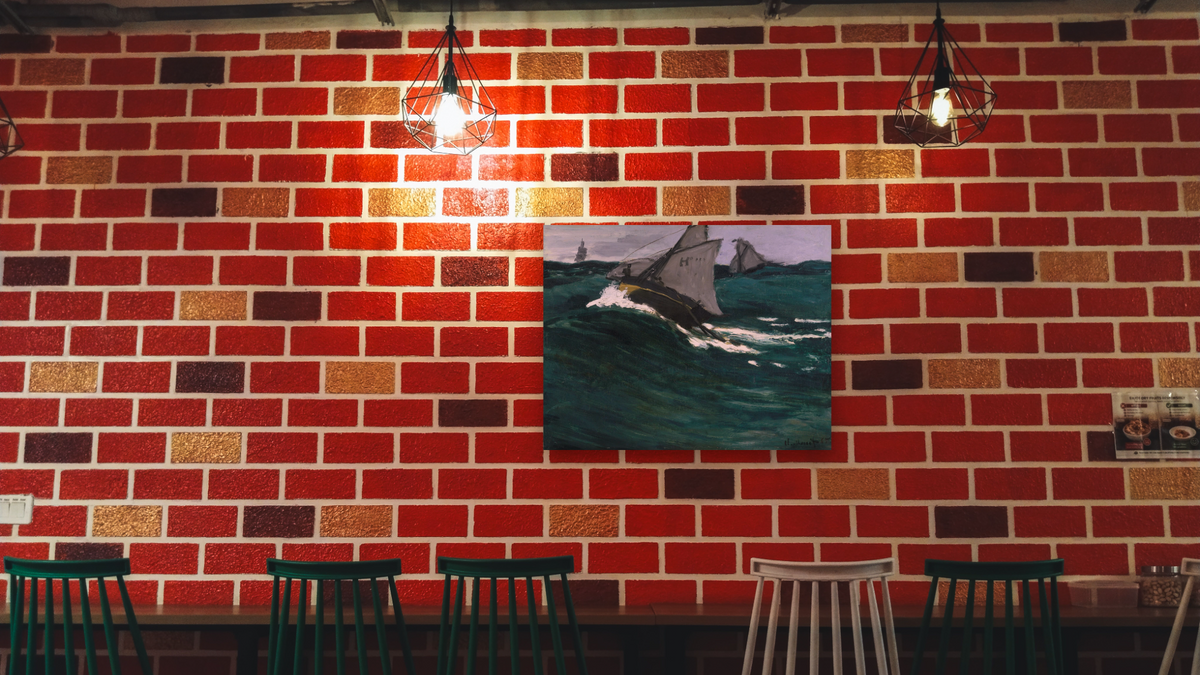 The Green Wave by Claude Monet, shown at 30 × 40 in (76.2 × 101.6 cm) as gallery-wrapped canvas, restaurant