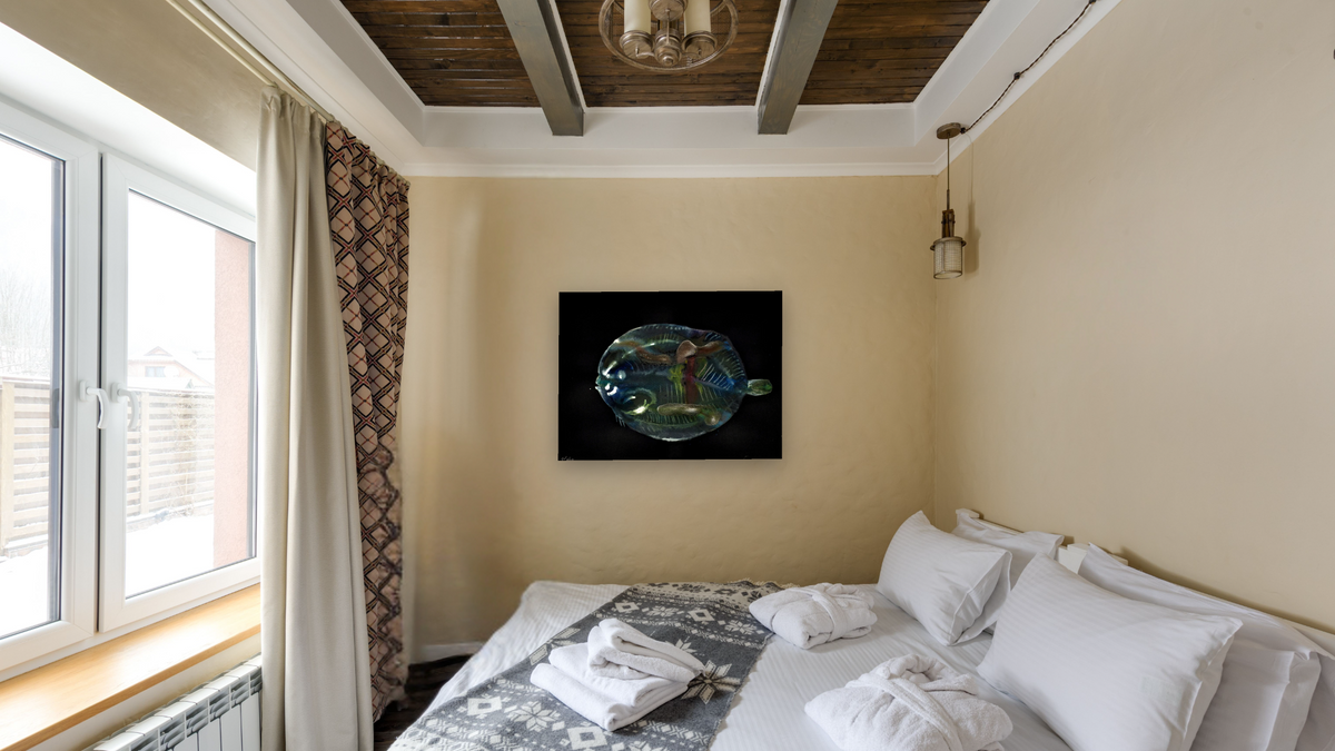 Flounder 1 by Alexis Rockman, shown at 30 × 40 in (76.2 × 101.6 cm) as gallery-wrapped canvas, hotel guest room