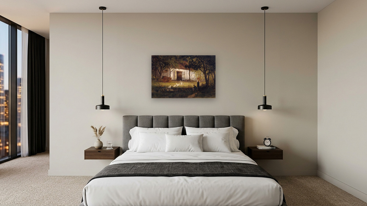 After the Bath by Edward Mitchell Bannister, shown at 28 × 42 in (71.1 × 106.7 cm) as gallery-wrapped canvas, hotel guest room
