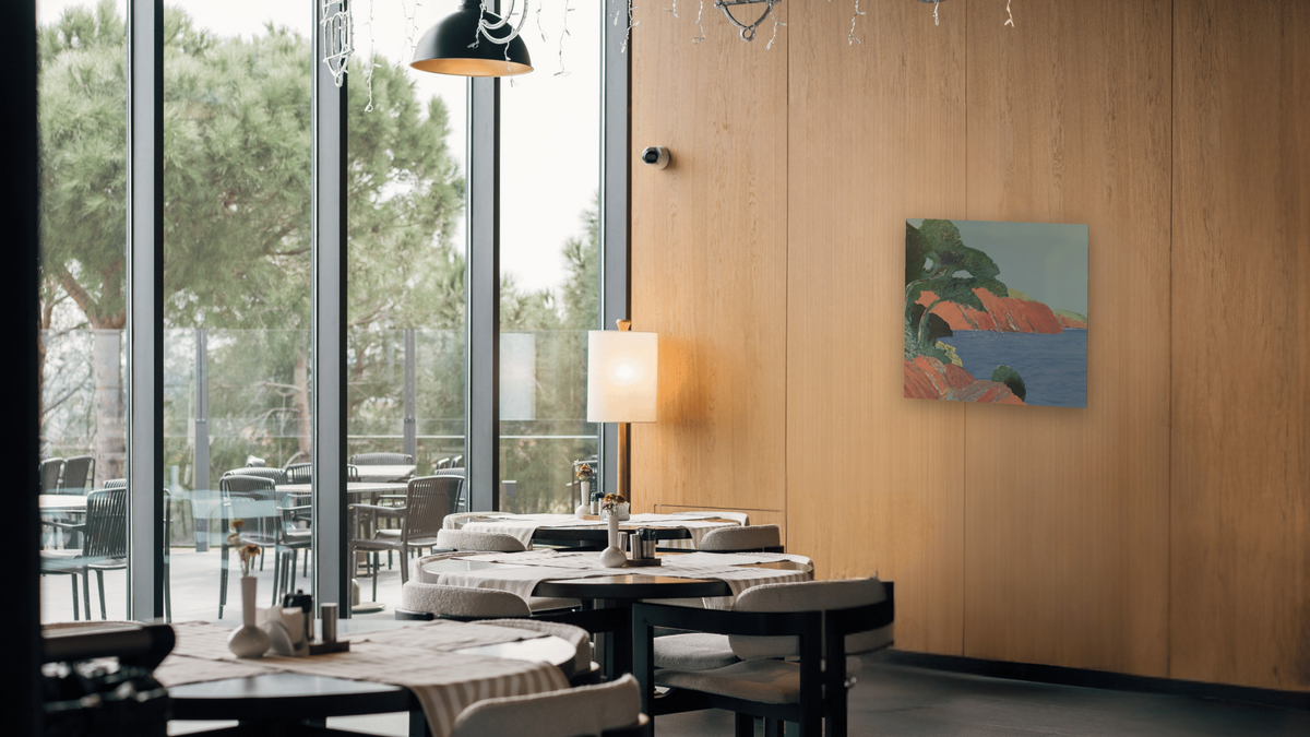 Cliffs of the South of France by Roger Mühl, shown at 32 × 32 in (81.3 × 81.3 cm) as gallery-wrapped canvas, restaurant