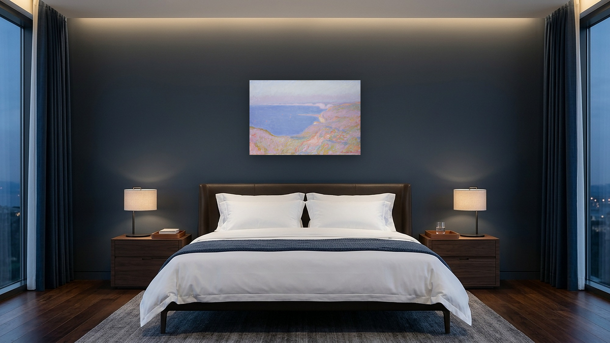 On the Cliffs Near Dieppe, Sunset by Claude Monet, shown at 28 × 42 in (71.1 × 106.7 cm) as gallery-wrapped canvas, hotel guest room