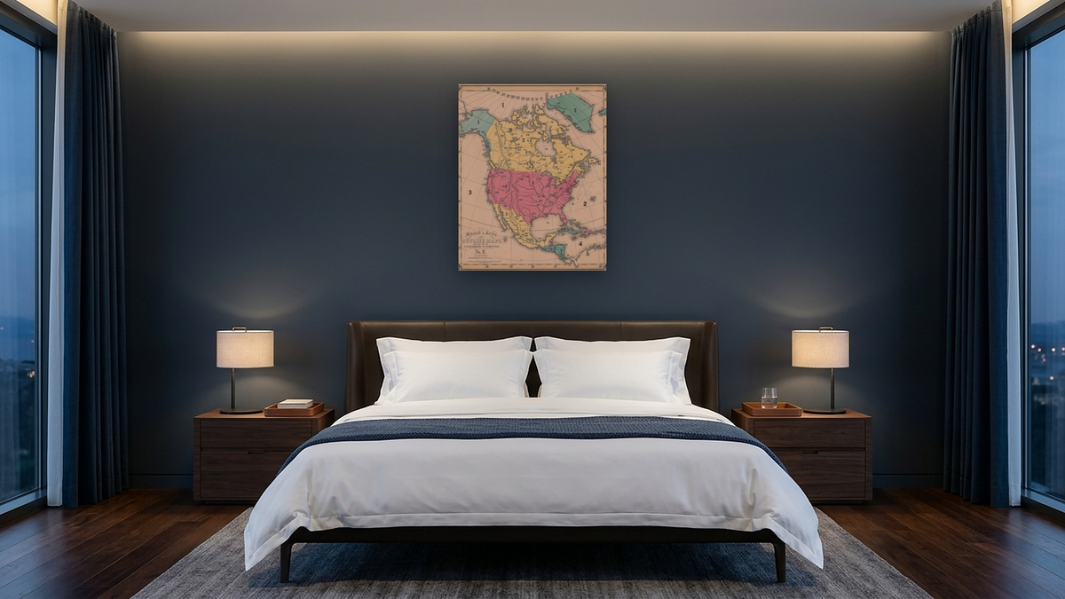 North America, shown at 32 × 40 in (81.3 × 101.6 cm) as gallery-wrapped canvas, hotel guest room