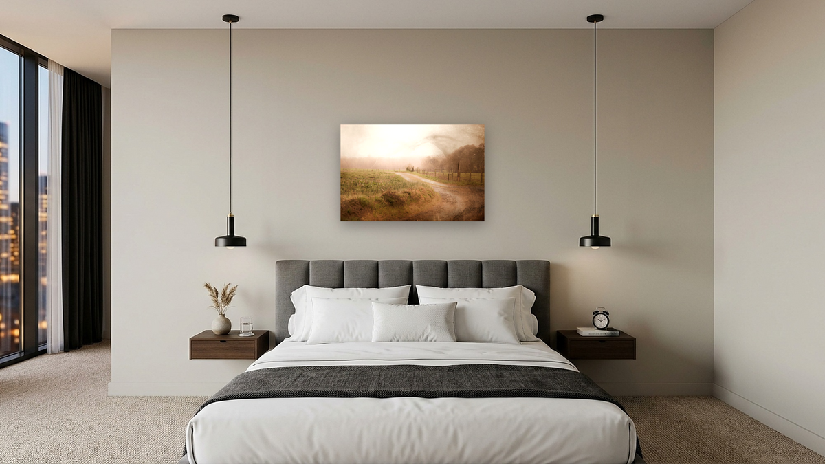 Early Rise by Brandon Luther, shown at 28 × 42 in (71.1 × 106.7 cm) as gallery-wrapped canvas, hotel guest room