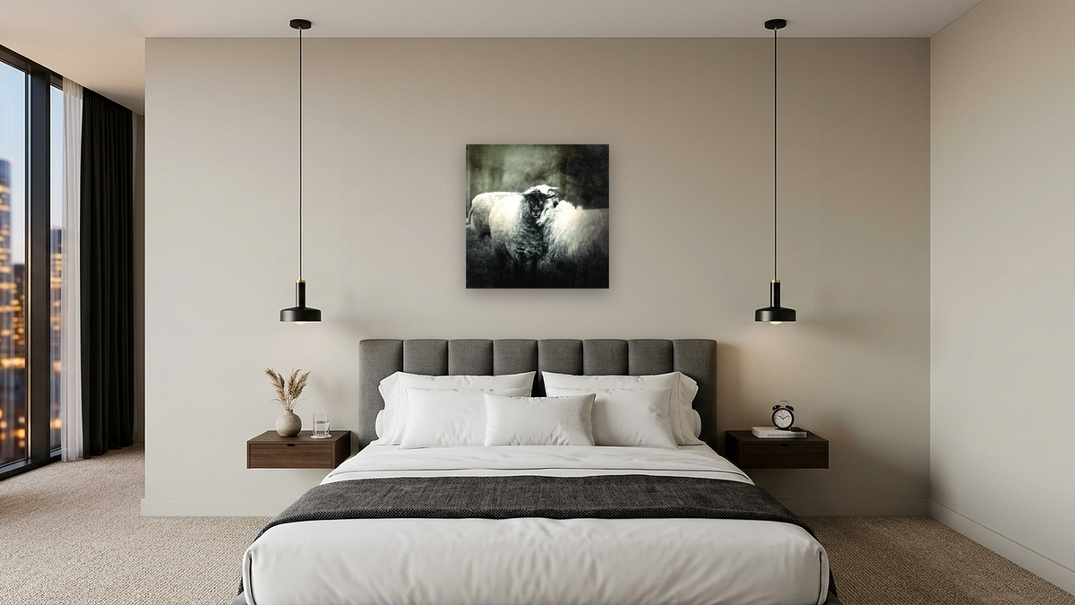 Delilah.v2 by Brandon Luther, shown at 32 × 32 in (81.3 × 81.3 cm) as gallery-wrapped canvas, hotel guest room