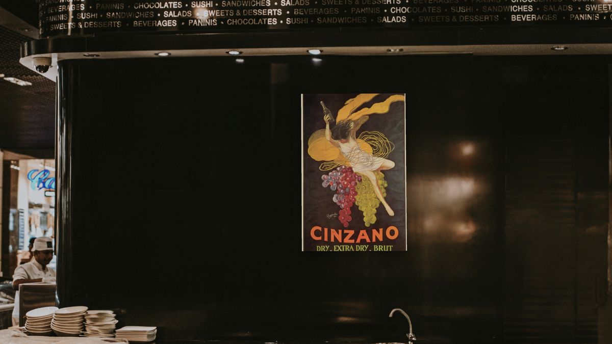 Cinzano Dry _ Extra Dry _ Brut advertisment poster by Leonetto Cappiello, shown at 28 × 42 in (71.1 × 106.7 cm) as gallery-wrapped canvas, restaurant