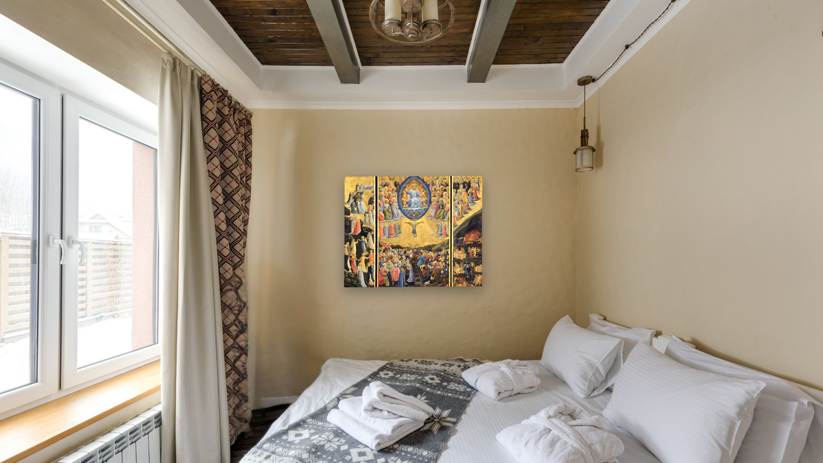 The Last Judgment by Fra Angelico, shown at 32 × 40 in (81.3 × 101.6 cm) as gallery-wrapped canvas, hotel guest room