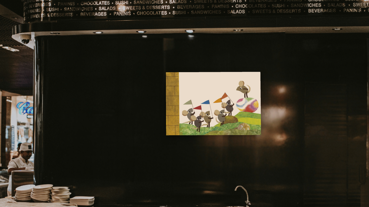 Tillie and the Wall I by Leo Lionni, shown at 28 × 42 in (71.1 × 106.7 cm) as gallery-wrapped canvas, restaurant