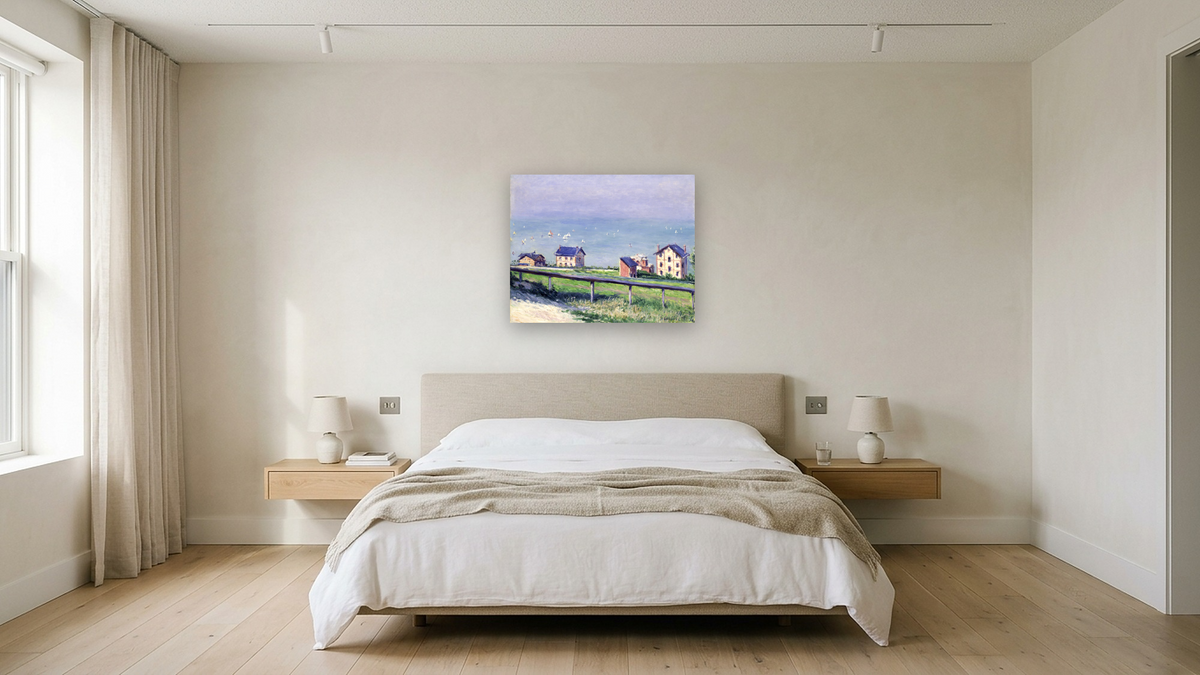 Regatta at Trouville by Gustave Caillebotte, shown at 32 × 40 in (81.3 × 101.6 cm) as gallery-wrapped canvas, hotel guest room