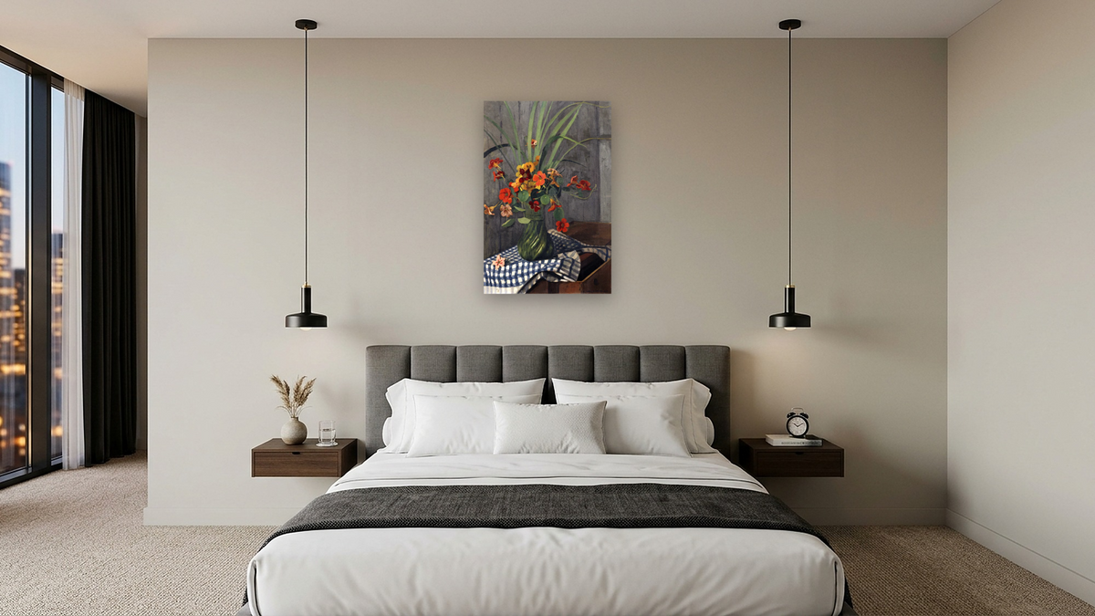 Nasturtiums by Félix Vallotton, shown at 28 × 42 in (71.1 × 106.7 cm) as gallery-wrapped canvas, hotel guest room