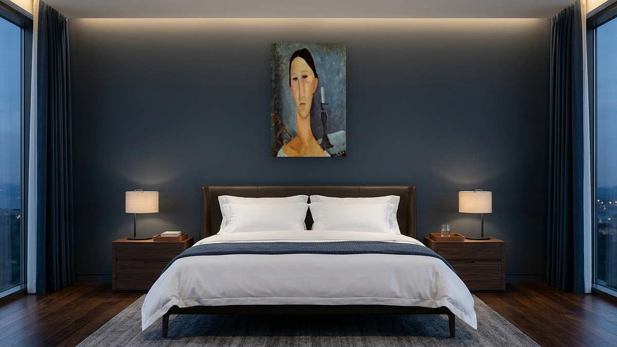 Hanka Zborowska with a Candlestick by Amedeo Modigliani, shown at 28 × 42 in (71.1 × 106.7 cm) as gallery-wrapped canvas, hotel guest room