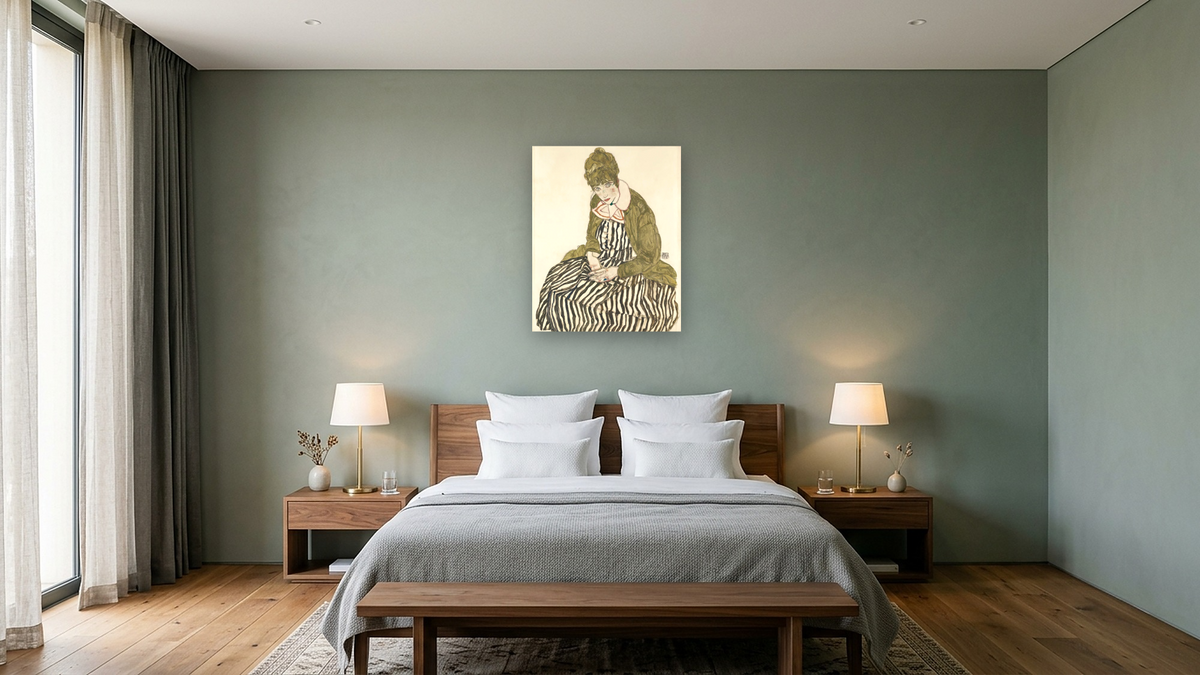 Edith with Striped Dress, Sitting by Egon Schiele, shown at 32 × 40 in (81.3 × 101.6 cm) as gallery-wrapped canvas, hotel guest room
