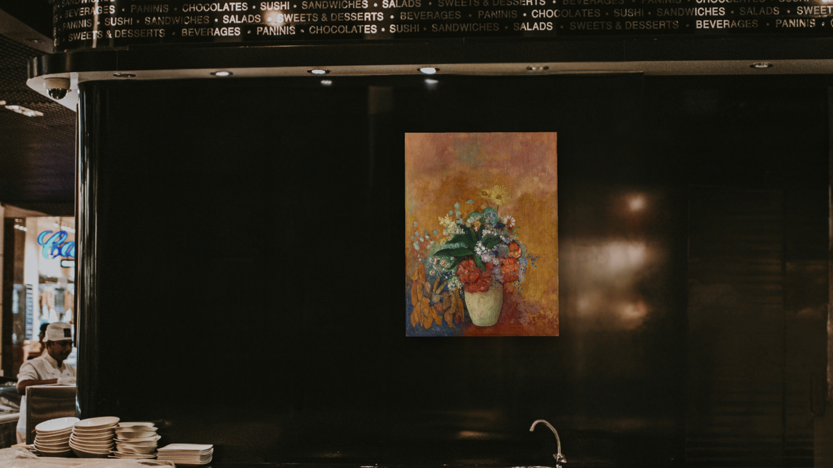 Vase of Flowers by Odilon Redon, shown at 30 × 40 in (76.2 × 101.6 cm) as gallery-wrapped canvas, restaurant