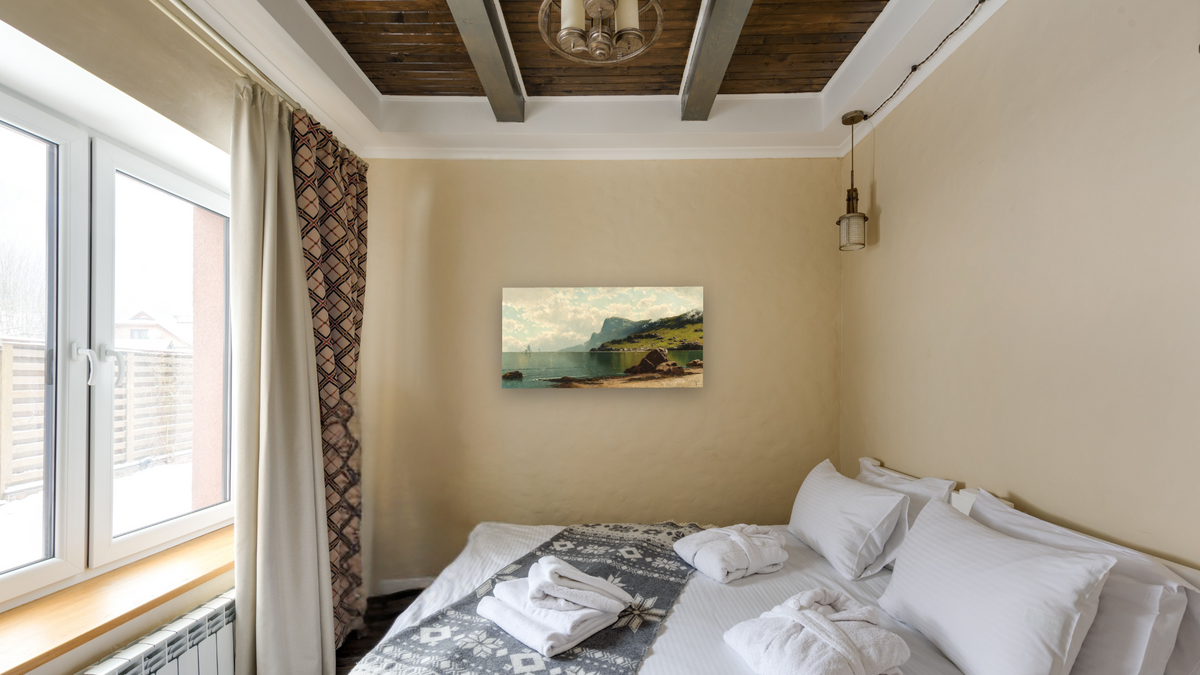 Seascape by Alfred Thompson Bricher, shown at 20 × 40 in (50.8 × 101.6 cm) as gallery-wrapped canvas, hotel guest room