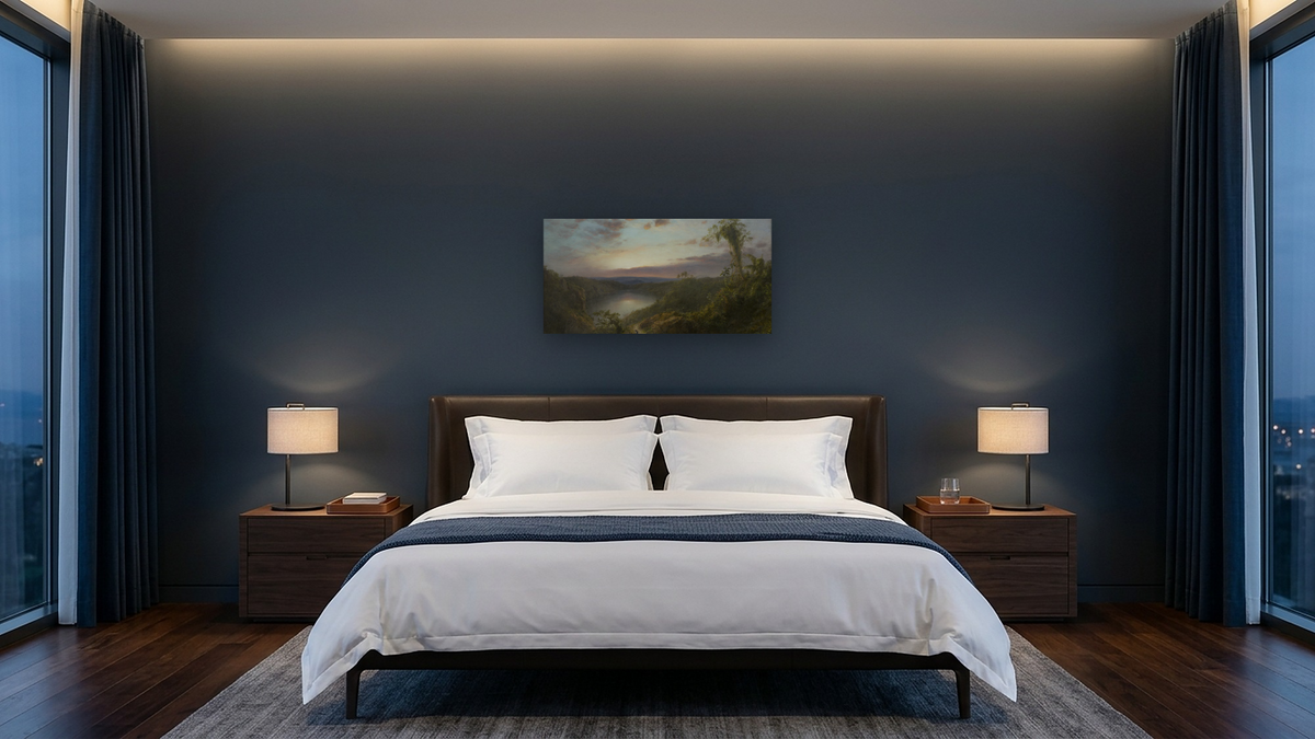 Sunset in the Tropics by Frederic Edwin Church, shown at 20 × 40 in (50.8 × 101.6 cm) as gallery-wrapped canvas, hotel guest room
