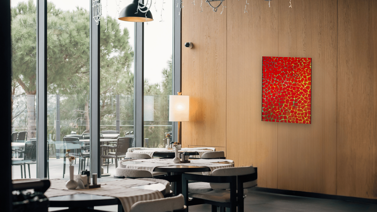 Delightful Song by Red Dahlia by Alma Thomas, shown at 30 × 40 in (76.2 × 101.6 cm) as gallery-wrapped canvas, restaurant