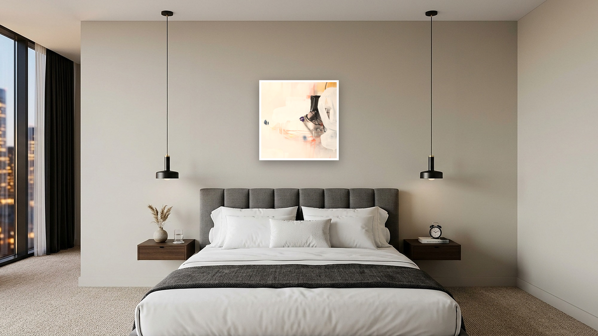 Snack 4 by Nino Yuniardi, shown at 32 × 32 in (81.3 × 81.3 cm) as gallery-wrapped canvas, hotel guest room