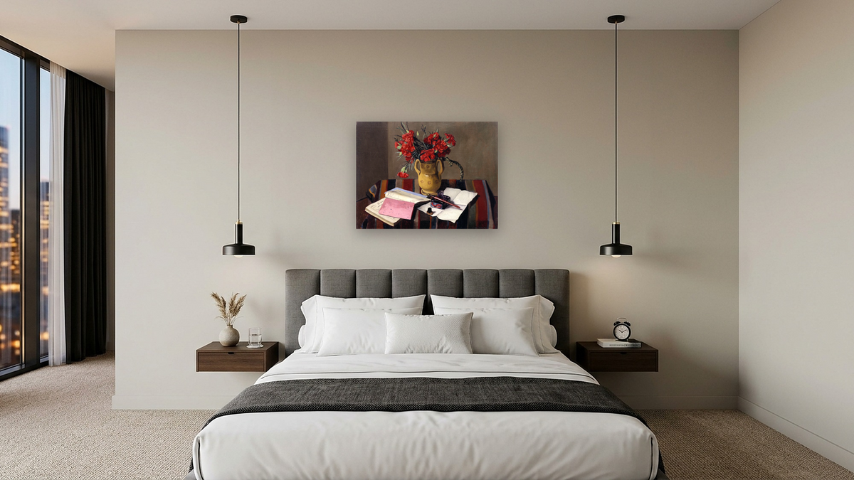 Carnations and Account Books by Félix Vallotton, shown at 30 × 40 in (76.2 × 101.6 cm) as gallery-wrapped canvas, hotel guest room