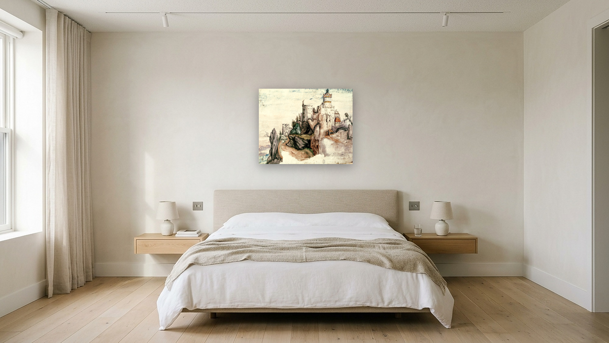Fortified Castle by Albrecht Dürer, shown at 32 × 40 in (81.3 × 101.6 cm) as gallery-wrapped canvas, hotel guest room