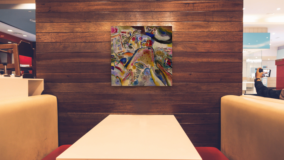 Small Pleasures, shown at 32 × 32 in (81.3 × 81.3 cm) as gallery-wrapped canvas, restaurant