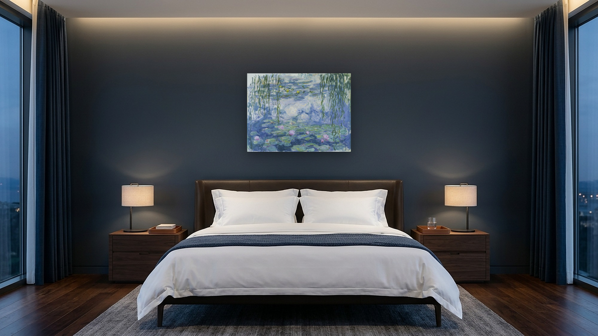 Waterlilies by Claude Monet, shown at 30 × 40 in (76.2 × 101.6 cm) as gallery-wrapped canvas, hotel guest room