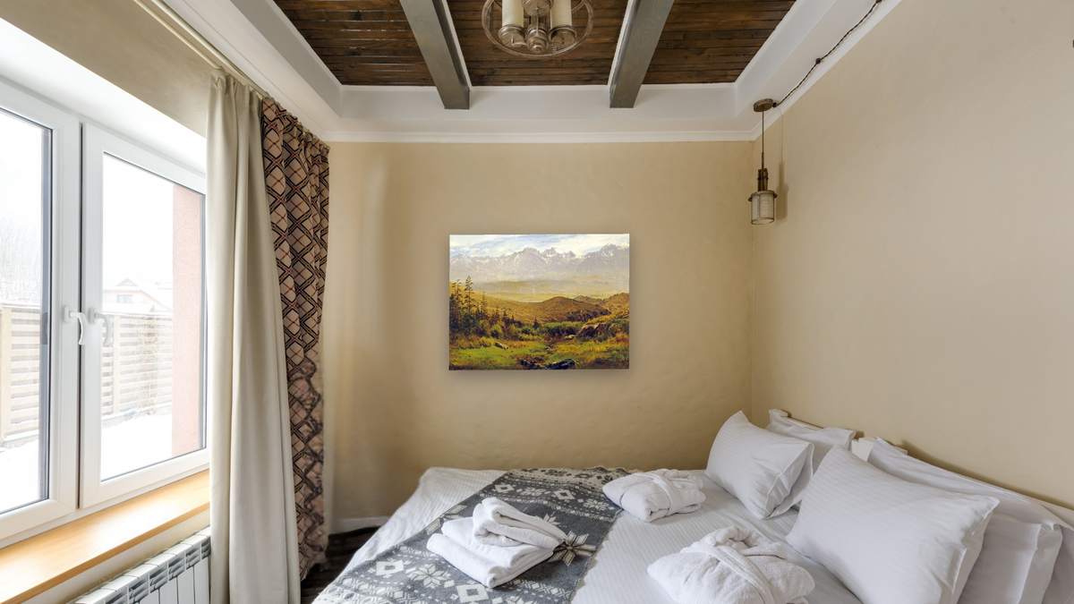 In The Foothills of The Rockies by Albert Bierstadt, shown at 30 × 40 in (76.2 × 101.6 cm) as gallery-wrapped canvas, hotel guest room