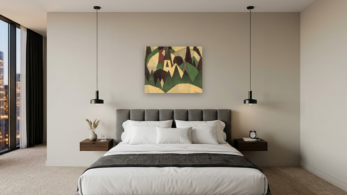 Nature Symbolized #3: Steeple and Trees by Arthur Dove, shown at 32 × 40 in (81.3 × 101.6 cm) as gallery-wrapped canvas, hotel guest room