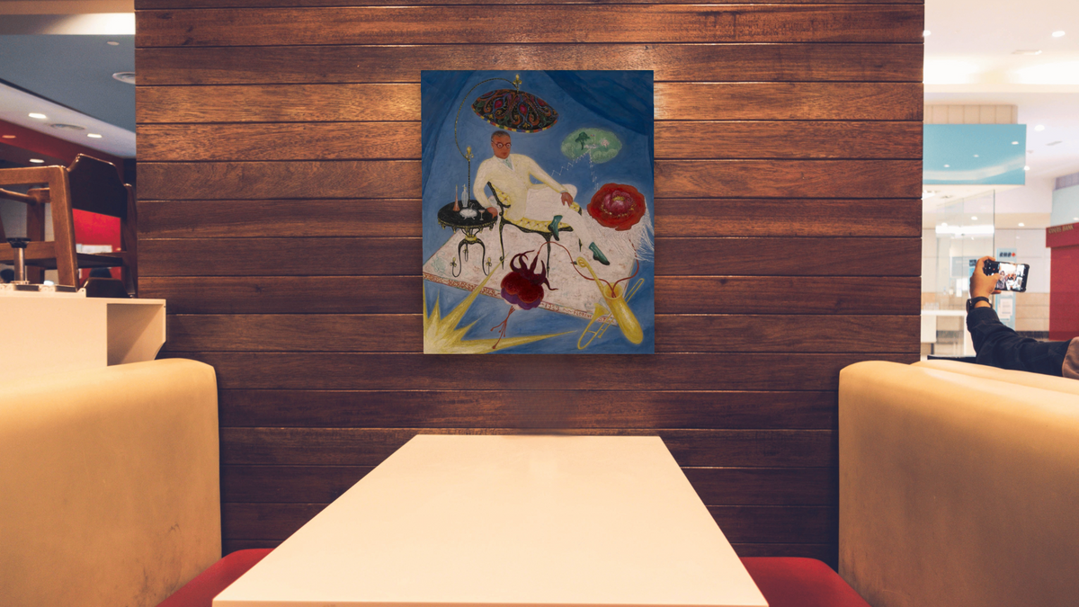 Joseph Hergesheimer (1880-1954) by Florine Stettheimer, shown at 32 × 40 in (81.3 × 101.6 cm) as gallery-wrapped canvas, restaurant