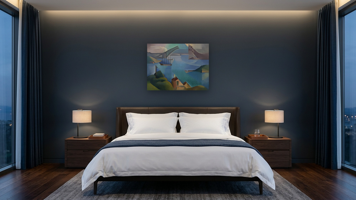 The bridge by Dorrit Black, shown at 30 × 40 in (76.2 × 101.6 cm) as gallery-wrapped canvas, hotel guest room