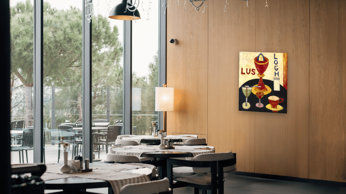 Handsome Drinks by Marsden Hartley, shown at 32 × 40 in (81.3 × 101.6 cm) as gallery-wrapped canvas, restaurant