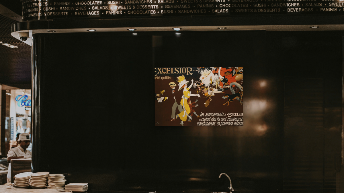 Excelsior Poster by Jules Alexander Grun, shown at 28 × 42 in (71.1 × 106.7 cm) as gallery-wrapped canvas, restaurant