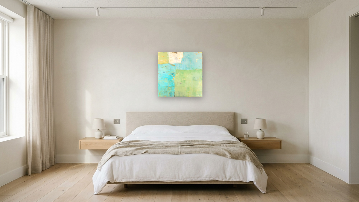 Fields by Louise Gaskill, shown at 32 × 32 in (81.3 × 81.3 cm) as gallery-wrapped canvas, hotel guest room
