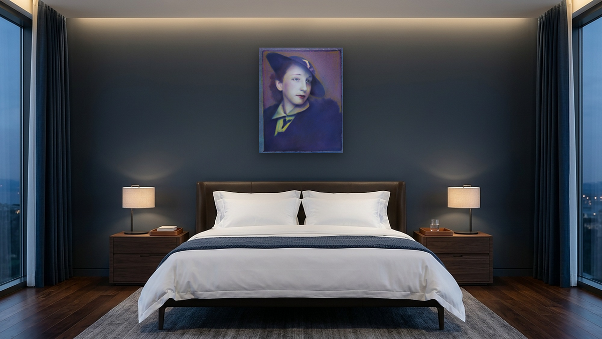 Ethel by Kirsten Söderlind, shown at 32 × 40 in (81.3 × 101.6 cm) as gallery-wrapped canvas, hotel guest room