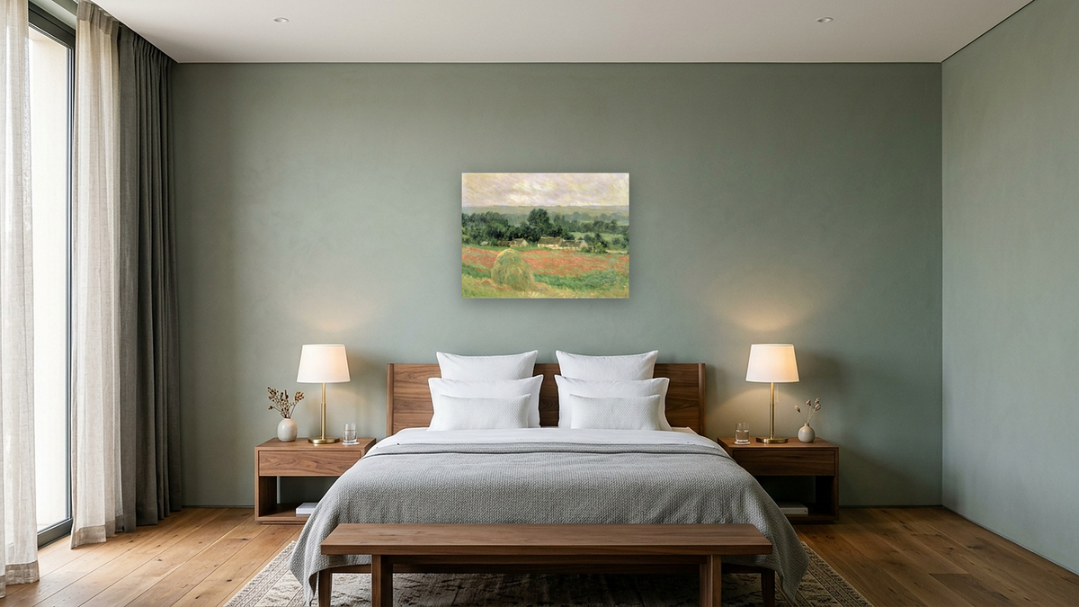 Haystack at Giverny by Claude Monet, shown at 30 × 40 in (76.2 × 101.6 cm) as gallery-wrapped canvas, hotel guest room