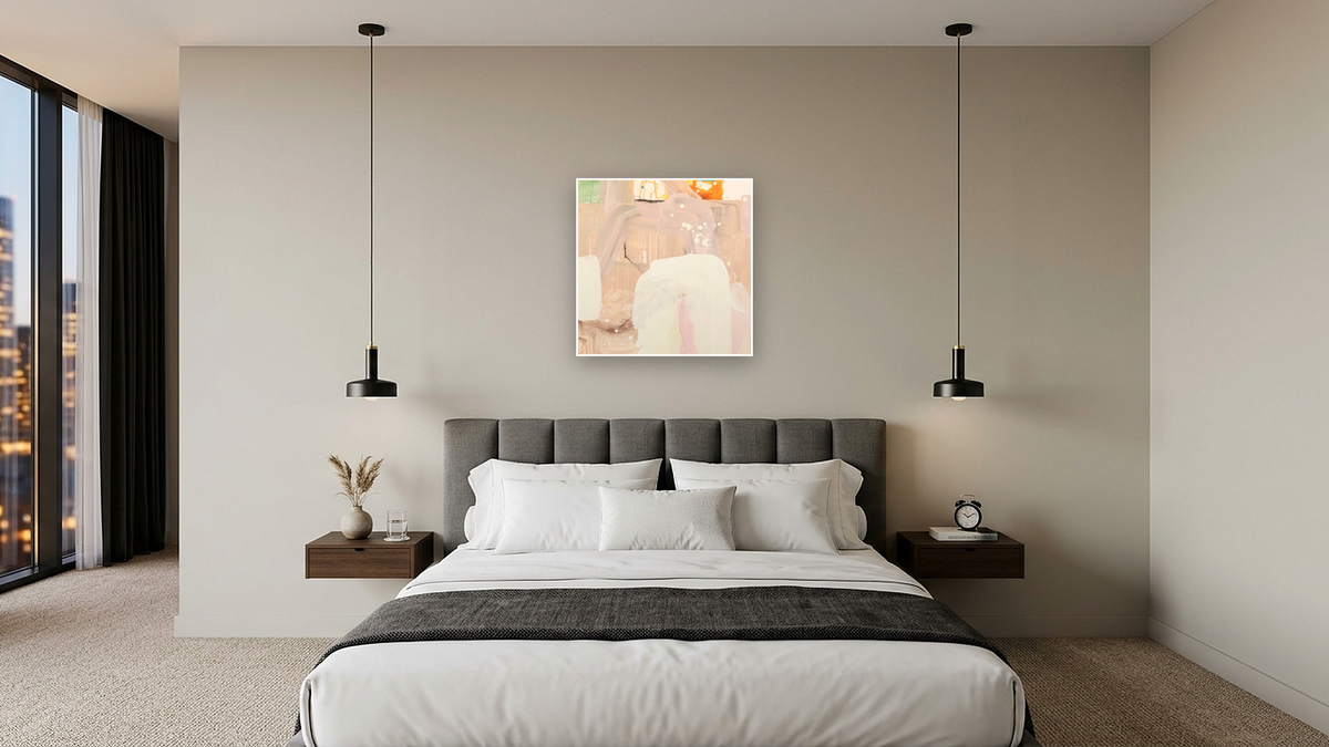 Snack 9 by Nino Yuniardi, shown at 32 × 32 in (81.3 × 81.3 cm) as gallery-wrapped canvas, hotel guest room
