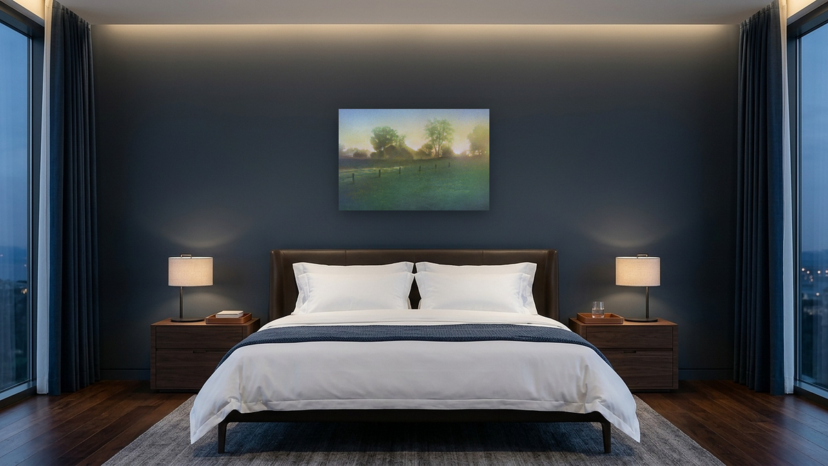 Adirondack Morning by Kirsten Söderlind, shown at 28 × 42 in (71.1 × 106.7 cm) as gallery-wrapped canvas, hotel guest room