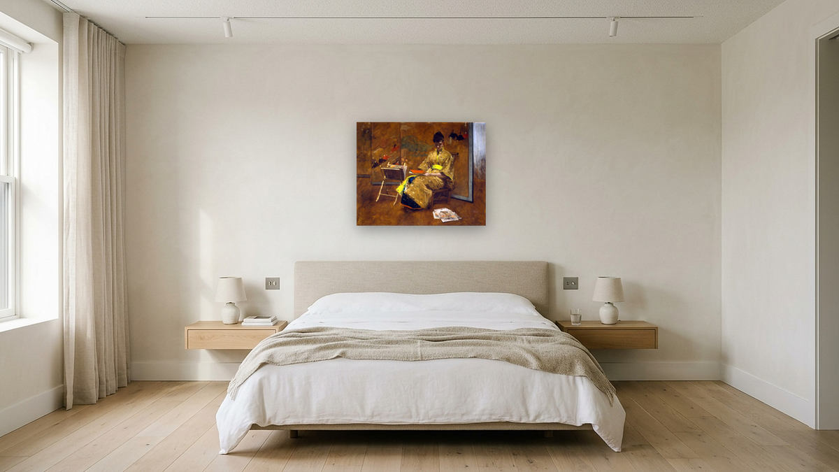 A Girl in Japanese Gown. The Kimono by William Merritt Chase, shown at 32 × 40 in (81.3 × 101.6 cm) as gallery-wrapped canvas, hotel guest room