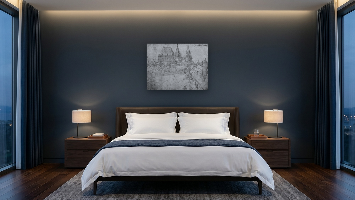 The Minster at Aachen by Albrecht Dürer, shown at 30 × 40 in (76.2 × 101.6 cm) as gallery-wrapped canvas, hotel guest room