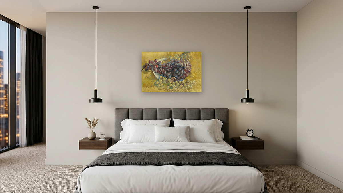 Grapes by Vincent van Gogh, shown at 28 × 42 in (71.1 × 106.7 cm) as gallery-wrapped canvas, hotel guest room